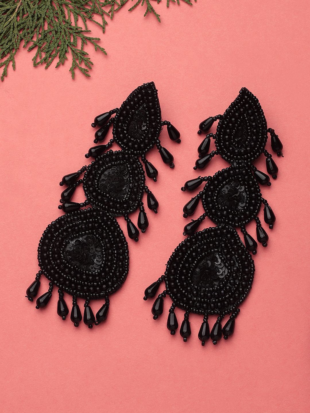 Cardinal Black Beads Handmade Weaving Floral Design Earrings