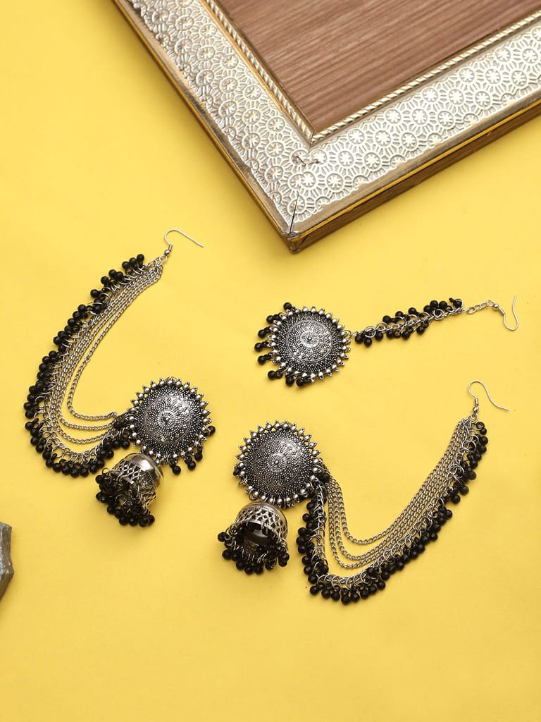 Cardinal Oxidized Silver Color Black Beads Maang Tika & Earrings - Earrings | Buy online on ZillyBuy