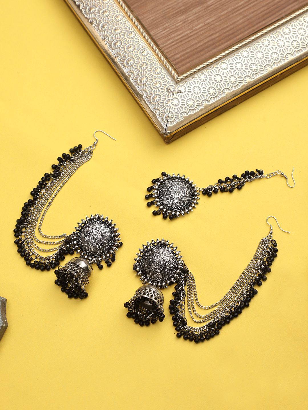 Cardinal Oxidized Silver Color Black Beads Maang Tika & Earrings