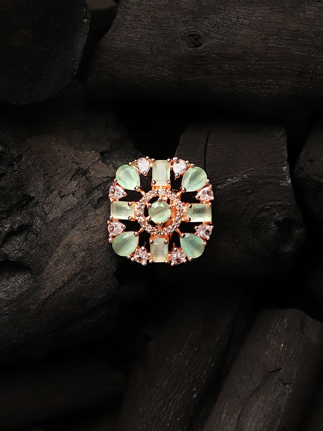 Cardinal Gold Plated Green Color Stone Brass Adjustable Ring