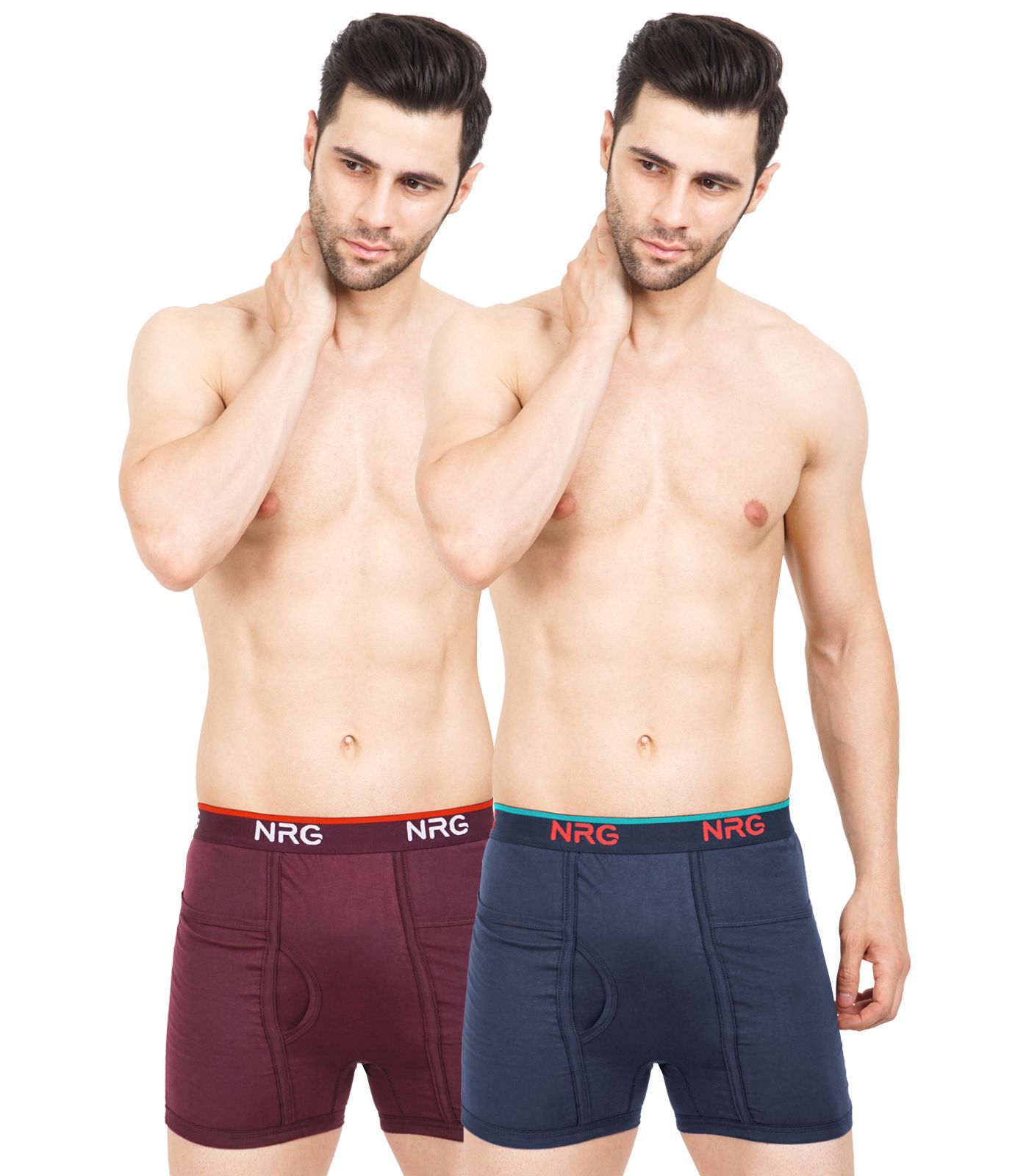 NRG Mens Cotton Assorted Colour Pocket Trunks ( Pack of 2 Marron - Navy blue ) G13