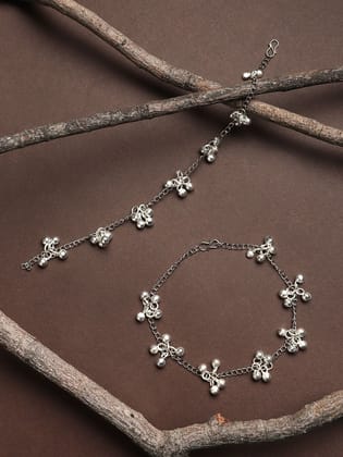 Cardinal Oxidized Silver Color White Stone Beads Adjustable Anklet/ Pajeb/ Payal