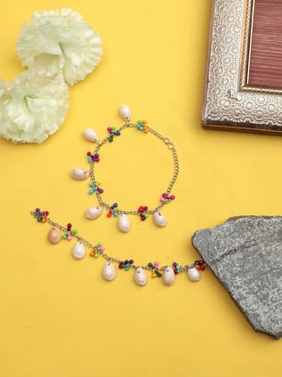 Cardinal Oxidized Silver Color Multicolor Beads Shell Anklet, Pajeb, Payal