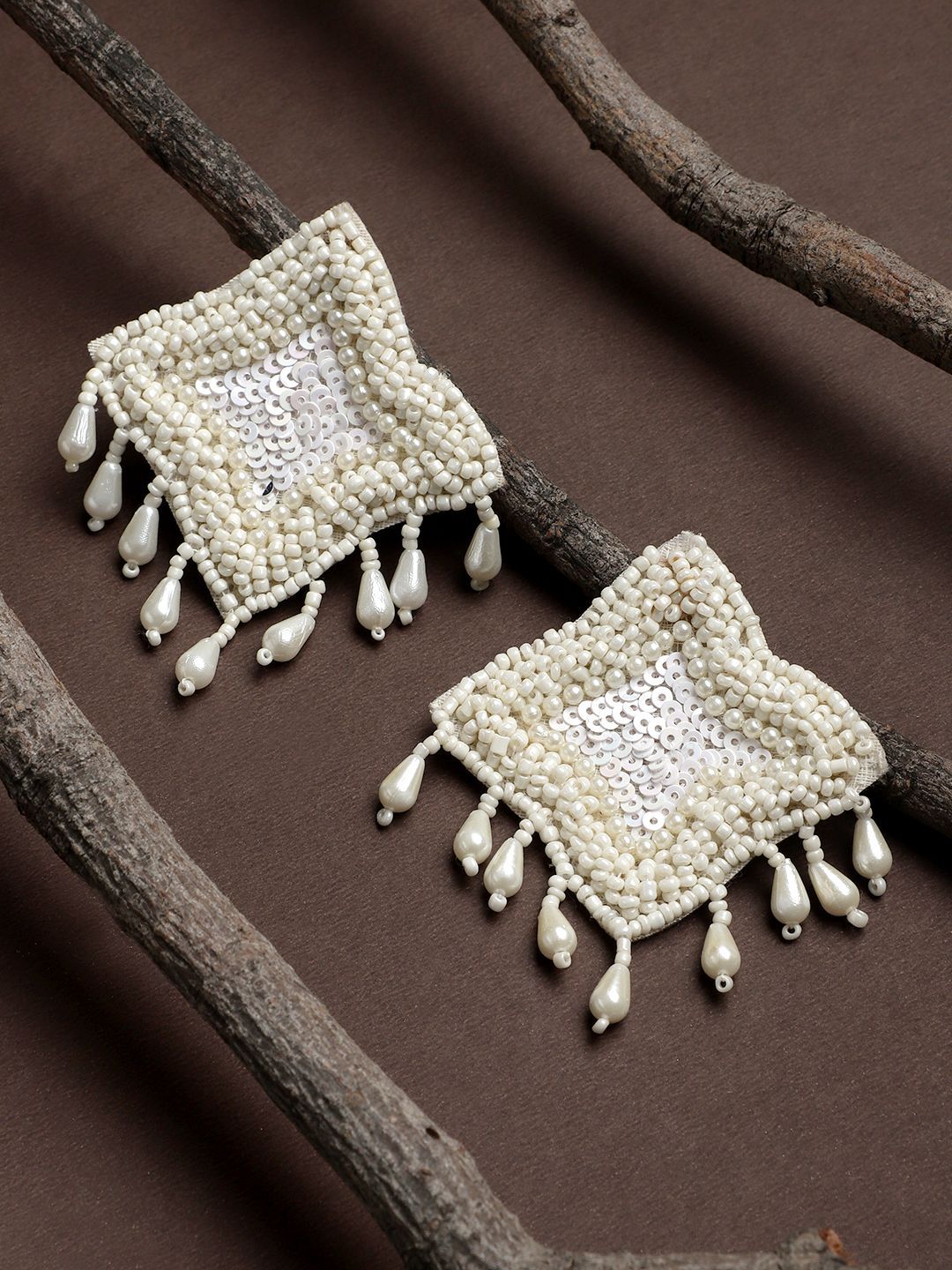 Cardinal Cream Color Beads Weaving Handmade Geometric Design Earrings