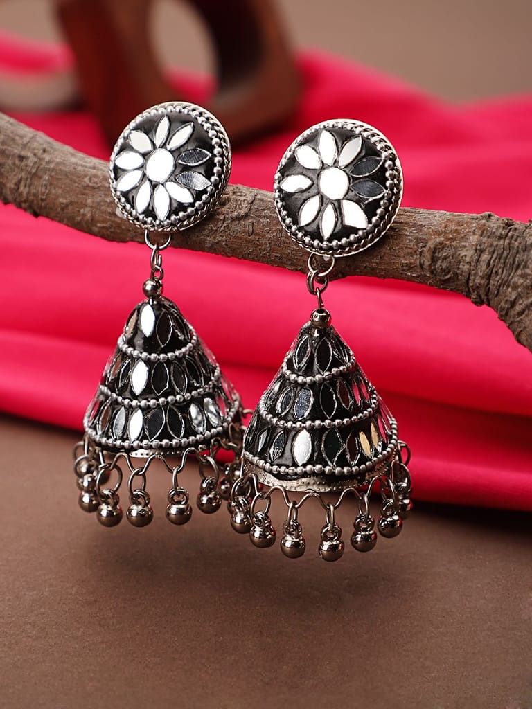 Cardinal Oxidized Silver Mirror Jhumki Earrings Set - Earrings | Buy online on ZillyBuy