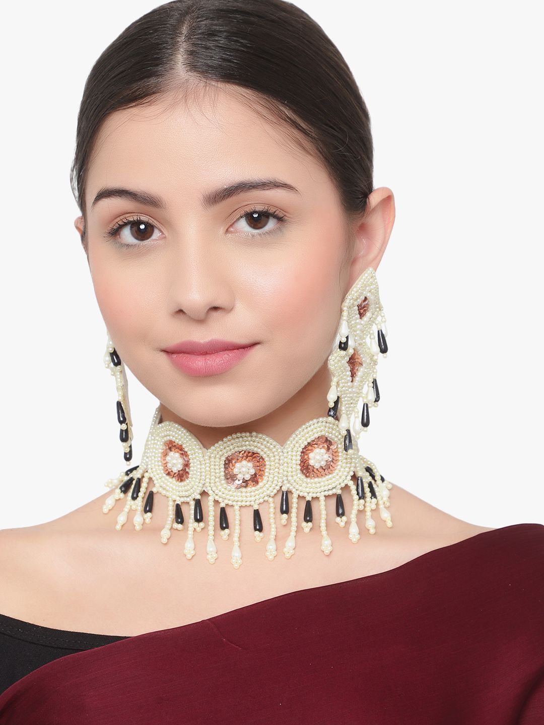 Cardinal Brown & Cream Color Geometric Design Floral Beads Weaving Handmade Choker Necklace Set
