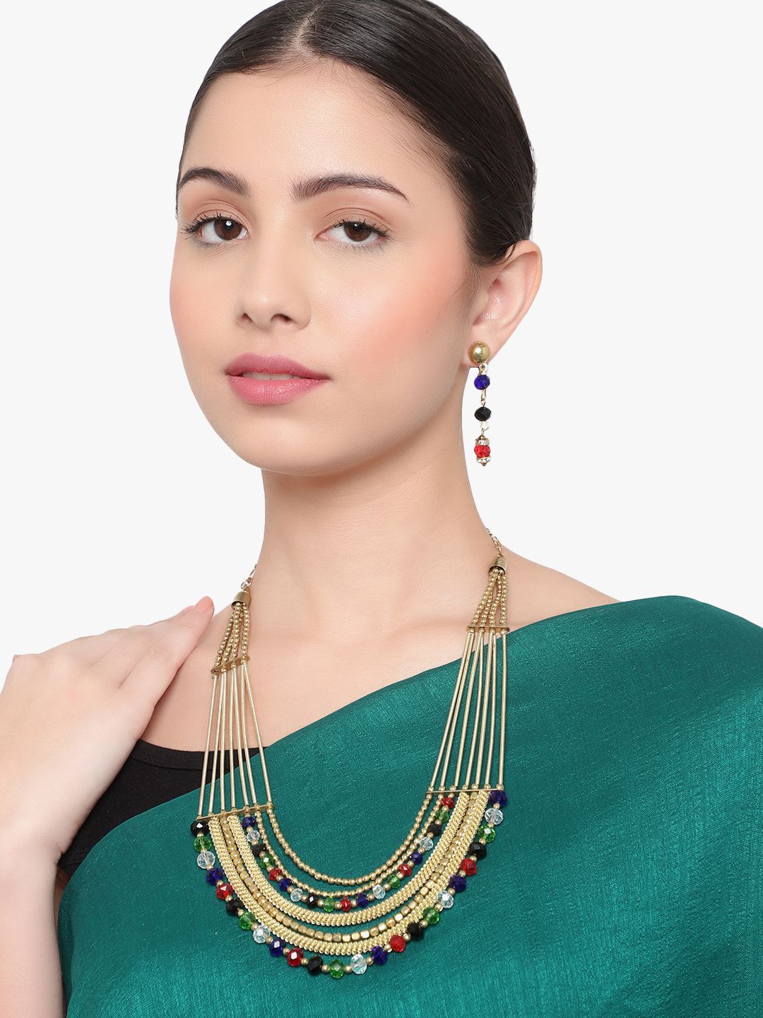 Cardinal Multicolor Beads Stone Gold Plated Ling Necklace Set