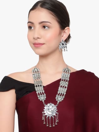 Cardinal Mirror Oxidized Silver Color Long Necklace Set
