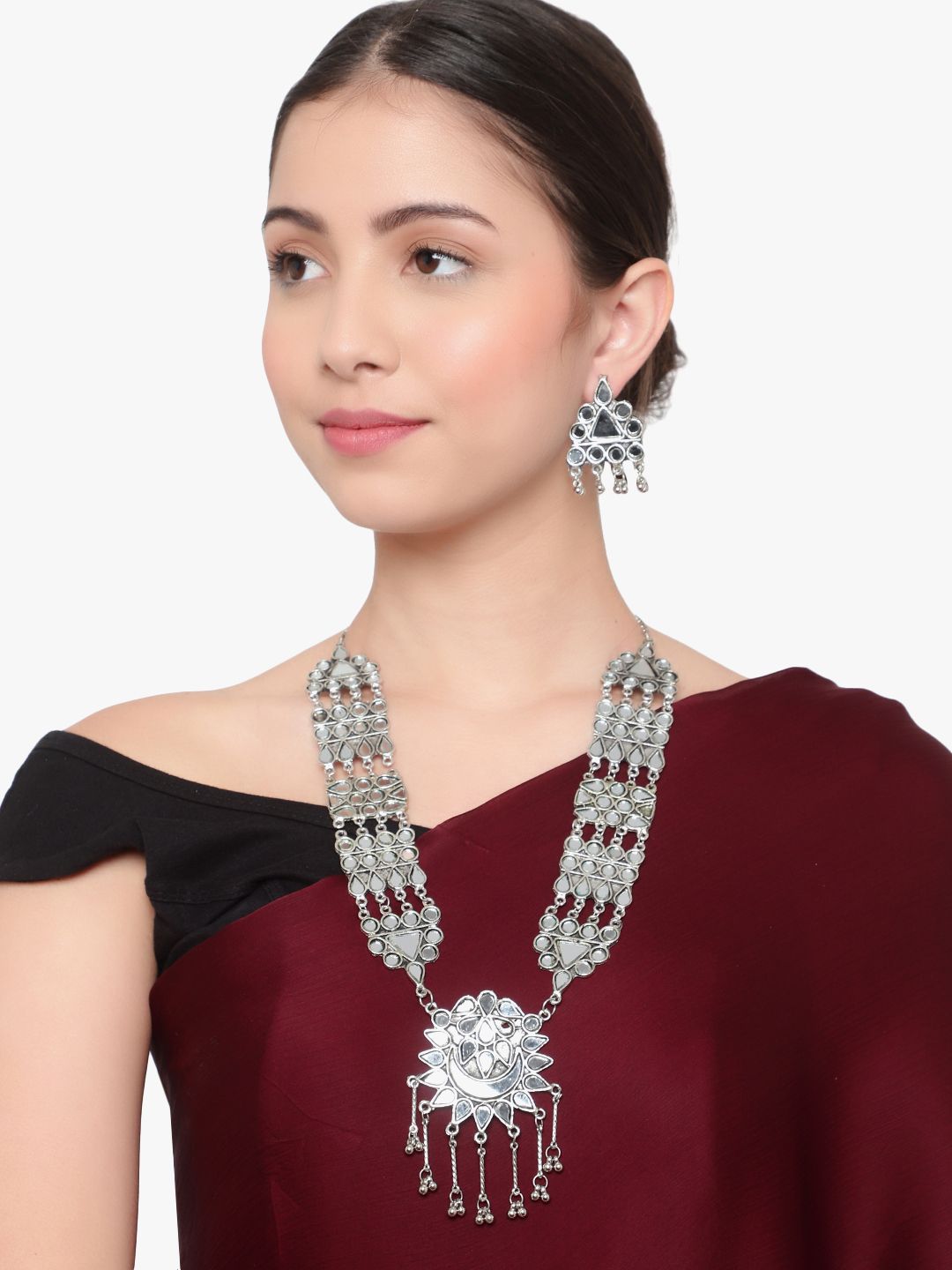 Cardinal Mirror Oxidized Silver Color Long Necklace Set