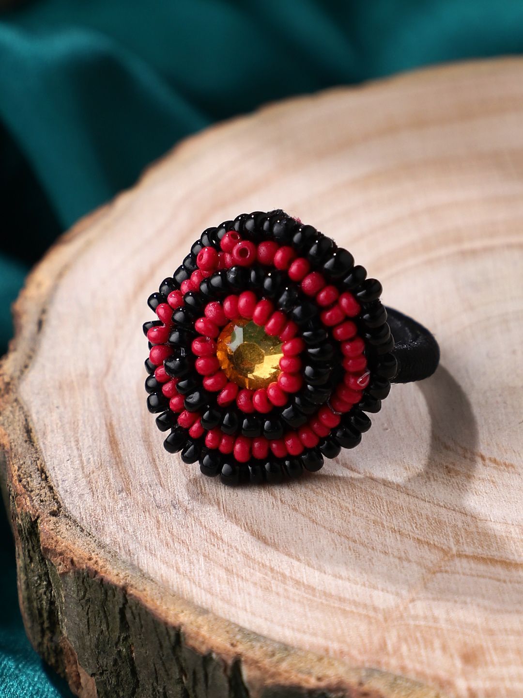 Cardinal REd & Black Stone Beads Weaving Handmade Adjustable Ring