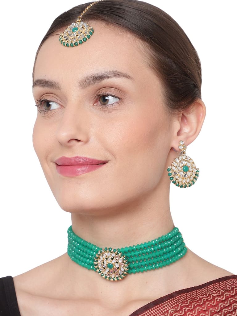 Cardinal Green Color Onyx Multistring Brass Gold Plated Necklace Set & Maang Tika - Jewellery Sets | Buy online on ZillyBuy