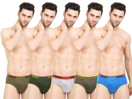 NRG Mens Cotton Assorted Colour Briefs  ( Pack of 5 Dark Green - Military Green - Grey Melange - Light Green - Light Blue ) G03