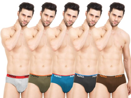 NRG Mens Cotton Assorted Colour Briefs  ( Pack of 5 Grey Melange - Dark Green - Turquoise - Coffee Brown - Light Brown ) G03