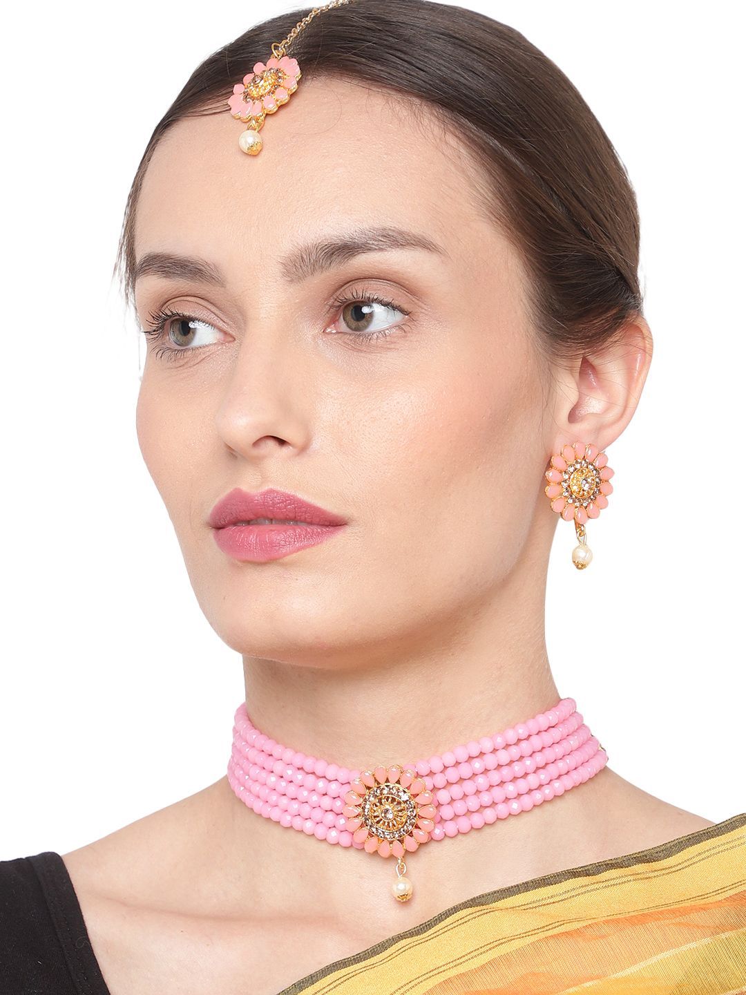 Cardinal Pink Color Onyx Multistring Gold Plated Brass Choker Necklace Set & Maang Tika