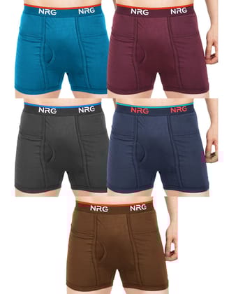 NRG Mens Cotton Assorted Colour Pocket Trunks ( Pack of 5 Turquoise - Maroon - Coffee Brown - Navy Blue - Light Brown ) G13