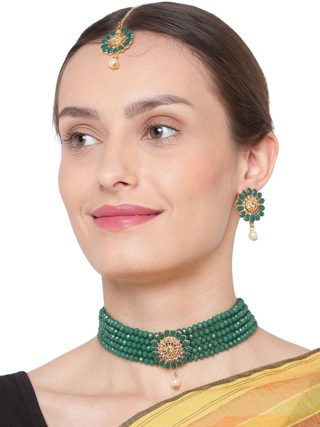 Cardinal Gold Plated Brass Green Color Onyx Multistring Choker Necklace Set & Maang Tika