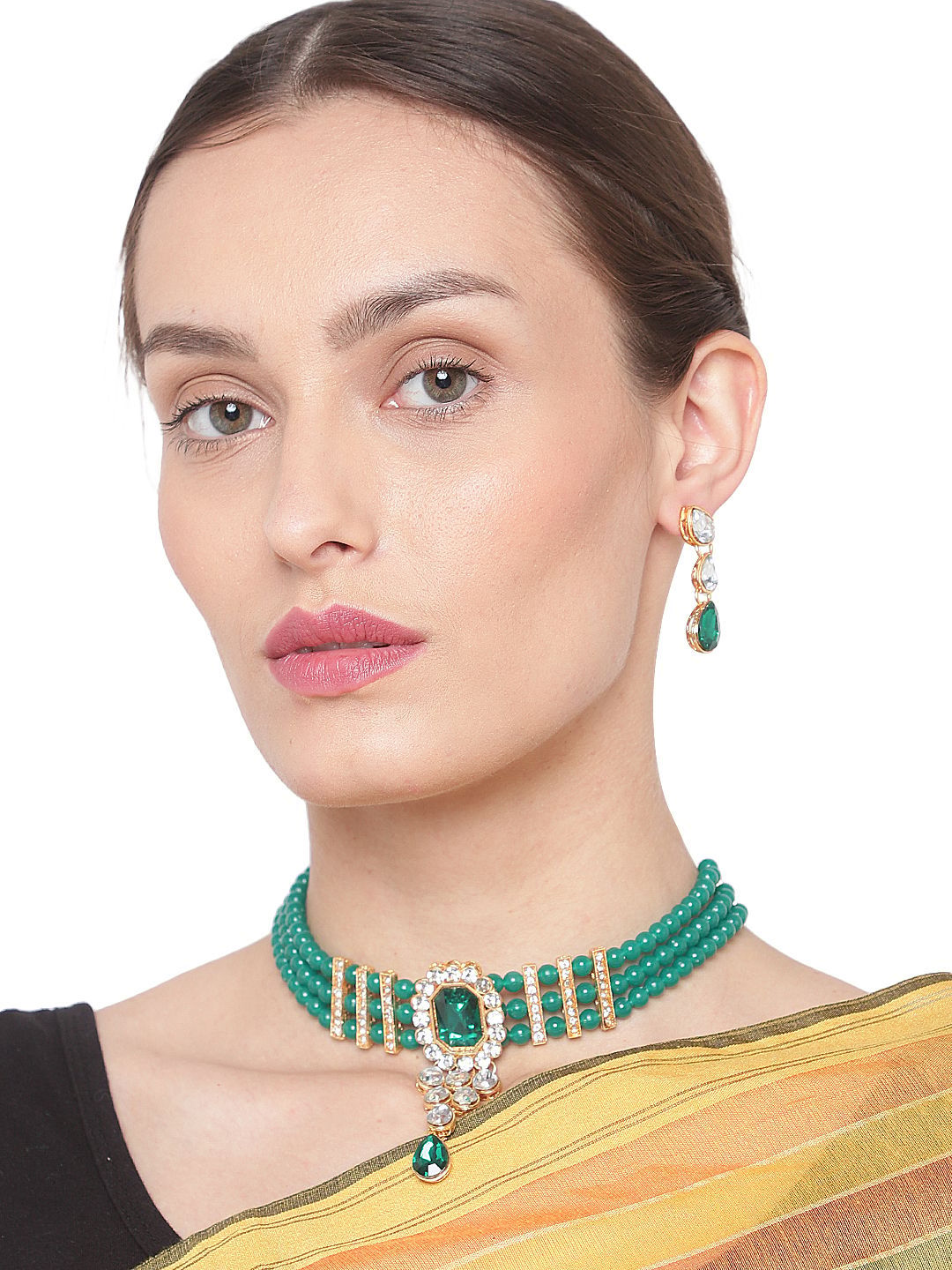 Cardinal Green Color Onyx Green Color Multistring Gold Plated Brass Choker Necklace Set