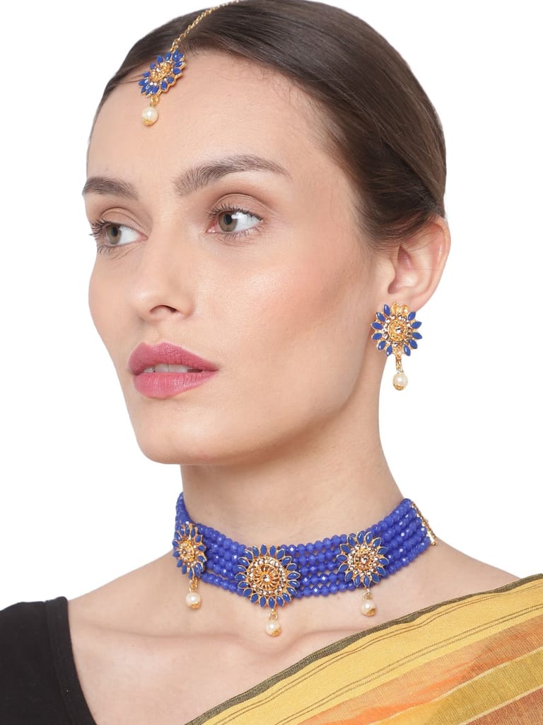 Cardinal Blue Color Onyx Multistring Gold Plated Brass Choker Necklace Set & Maang Tika - Jewellery Sets | Buy online on ZillyBuy