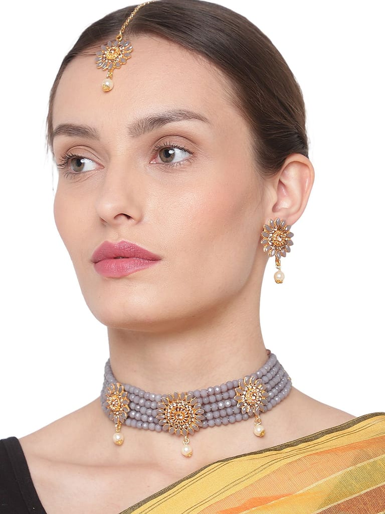 Cardinal Gold Plated Brass Grey Color Onyx Multistring Choker Necklace Set & Earrings & Maang Tika - Jewellery Sets | Buy online on ZillyBuy