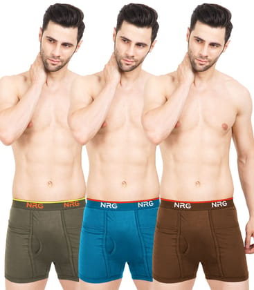 NRG Mens Cotton Assorted Colour Pocket Trunks ( Pack of 3 Dark Green - Turquoise - Light Brown ) G13