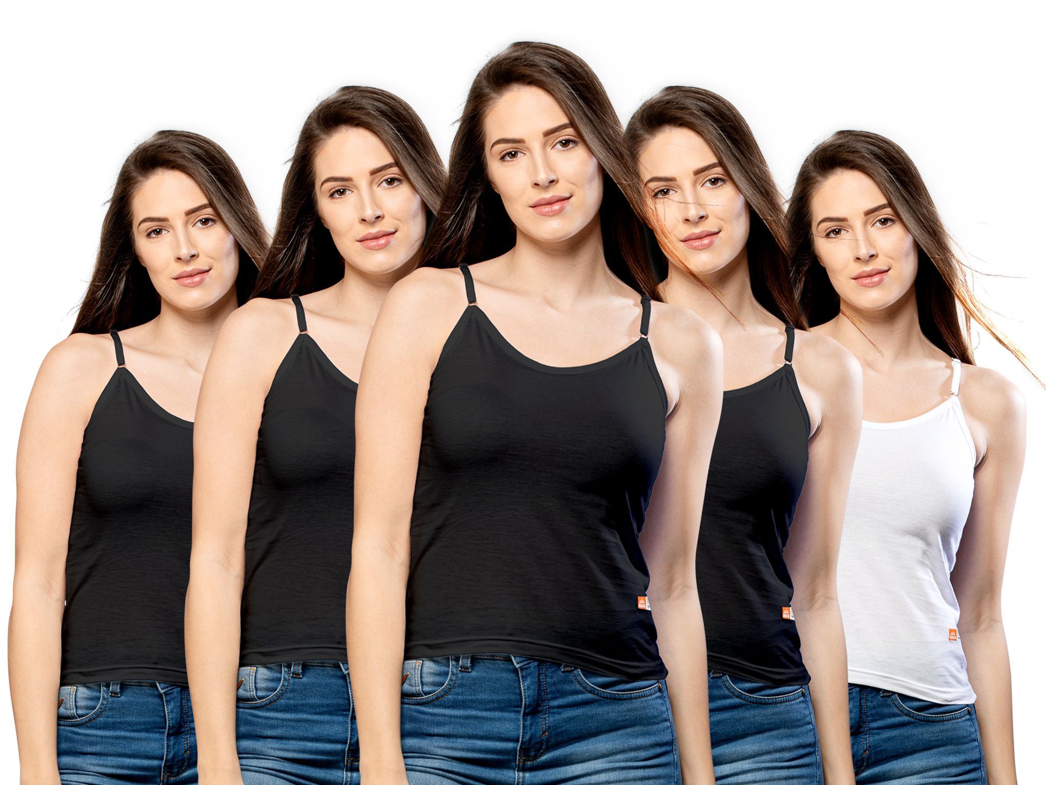 NRG Womens Cotton Assorted Colour Adjustable Slips ( Pack of 5 Black - Black - Black - Black - White ) L13 Camisole