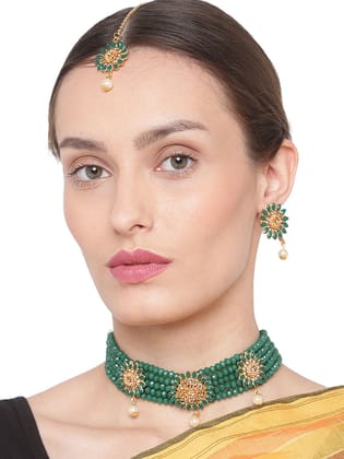 Cardinal Green Color Multistring Onyx Gold Plated Brass Choker Necklace Set & Maang Tika
