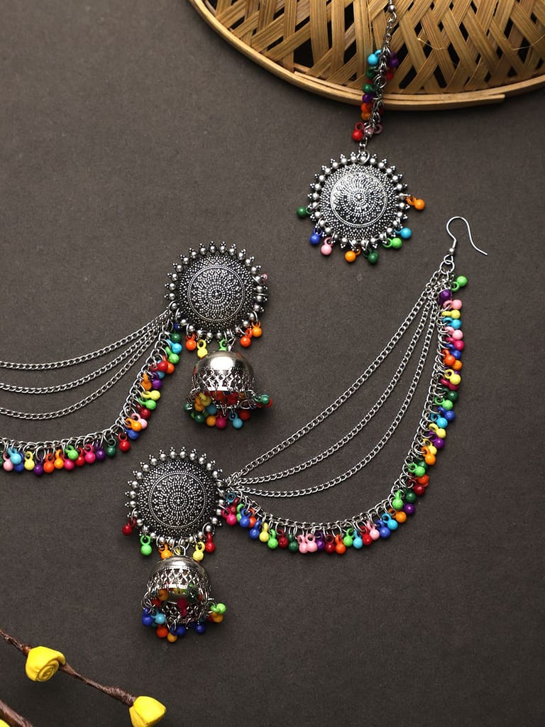 Cardinal Oxidized Silver Multicolor Beads Maang tika & Jhumki Earrings - Earrings | Buy online on ZillyBuy