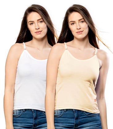 NRG Womens Cotton Assorted Colour Adjustable Slips ( Pack of 2 White - Skin ) L13 Camisole
