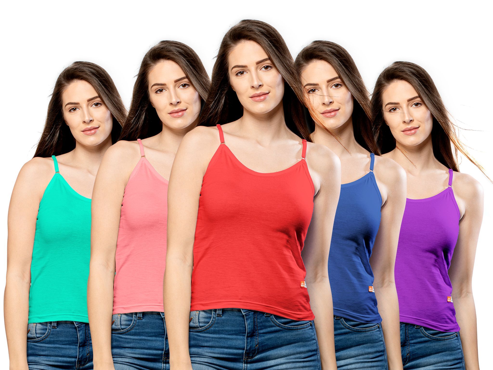 NRG Womens Cotton Assorted Colour Adjustable Slips ( Pack of 5 Mint Green - Peach - Red - Dark Blue - Purple ) L13 Camisole