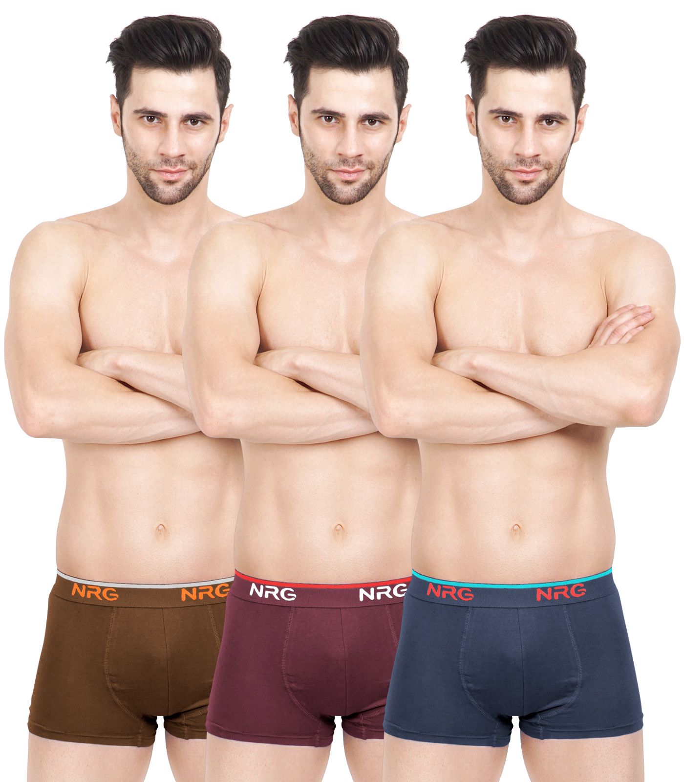 NRG Mens Cotton Assorted Colour Boxer Trunks ( Pack of 3 Light Brown - Maroon - Navy Blue ) G15