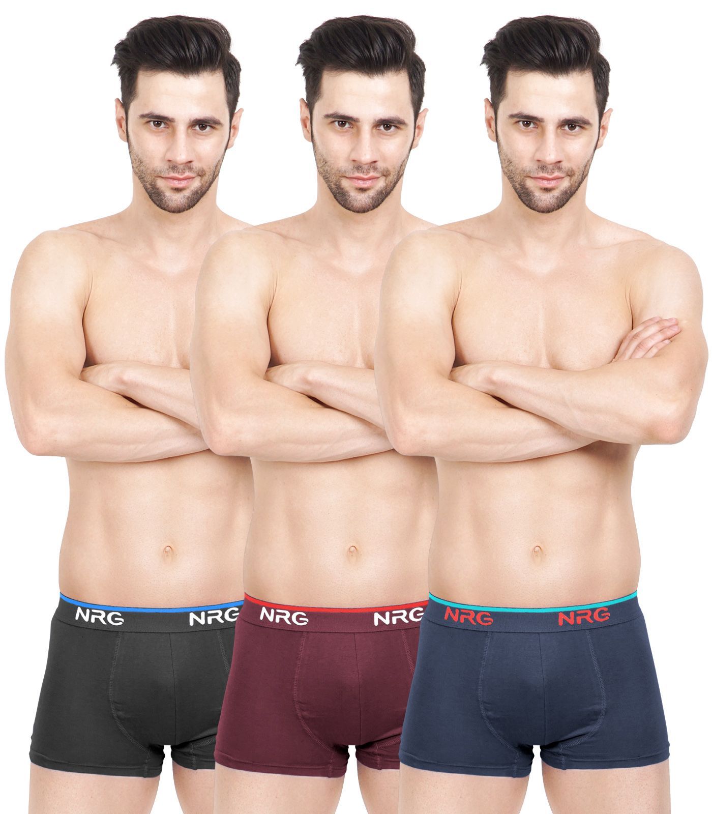 NRG Mens Cotton Assorted Colour Boxer Trunks ( Pack of 3 Coffee Brown - Maroon - Navy Blue ) G15