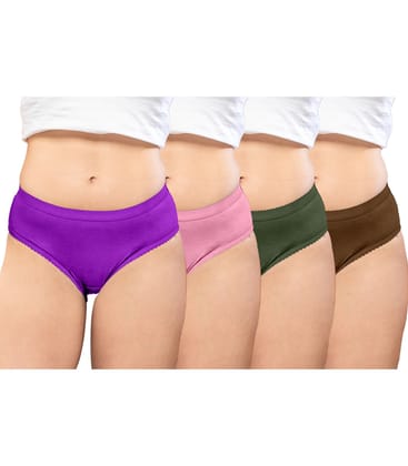 NRG Womens Cotton Assorted Colour Panties ( Pack of 4  Purple - Pastol Pink - Military Green - Light Brown ) L04 Hipster