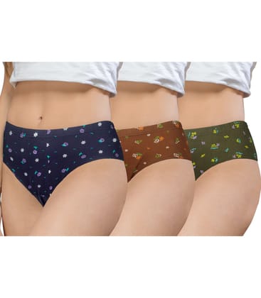 NRG Womens Cotton Assorted Colour Panties ( Pack of 3 Navy Blue - Light Brown - Military Green ) L02 Hipster