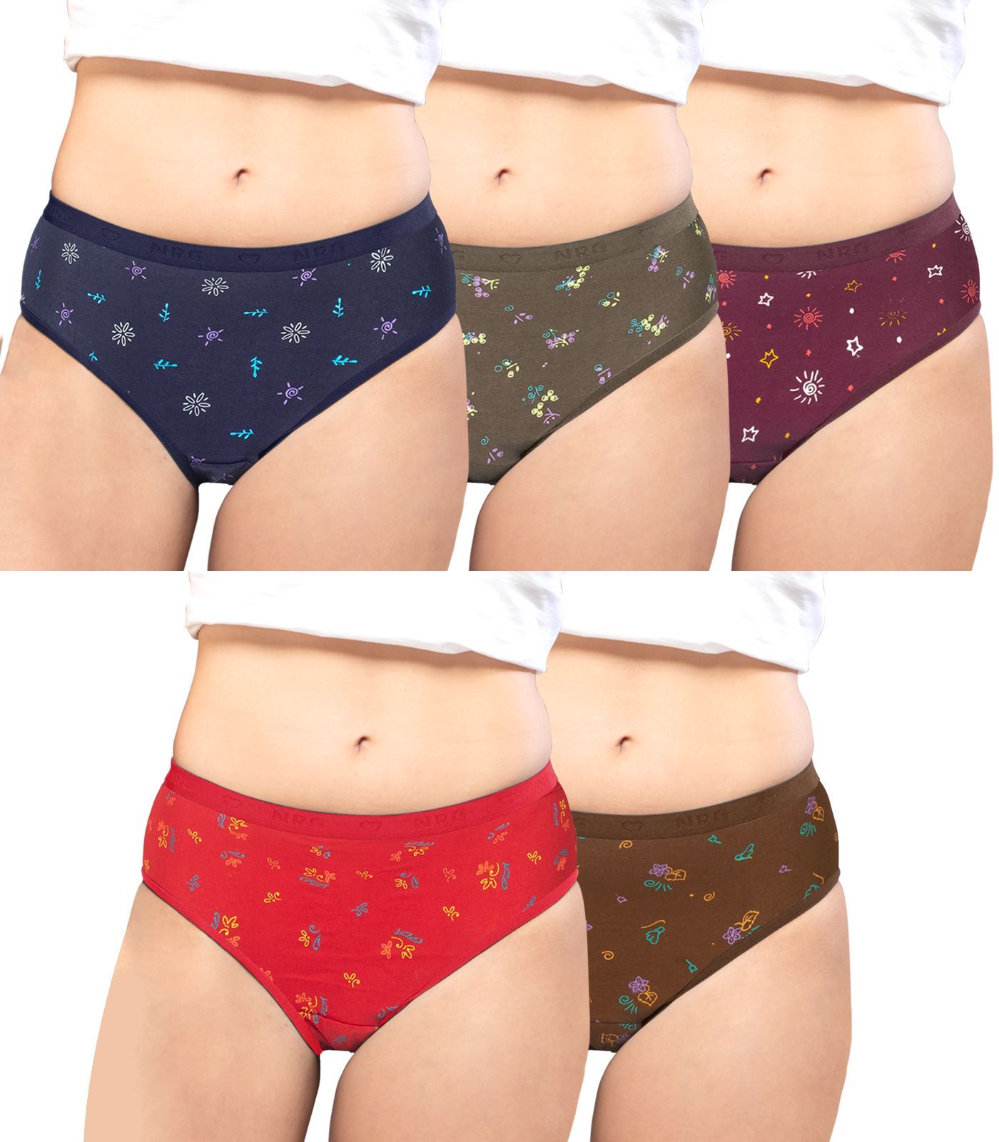 NRG Womens Cotton Assorted Colour Panties ( Pack of 5 Navy Blue - Dark Green - Maroon - Red - Light Brown ) L05 Hipster