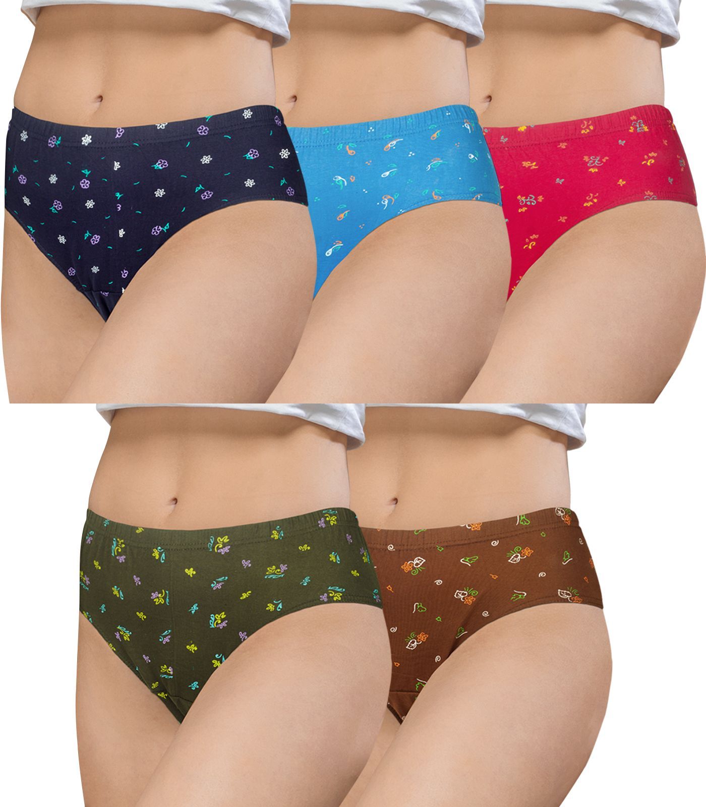 NRG Womens Cotton Assorted Colour Panties ( Pack of 5 Navy Blue - Light Blue - Pink - Light Green - Light Brown ) L02 Hipster