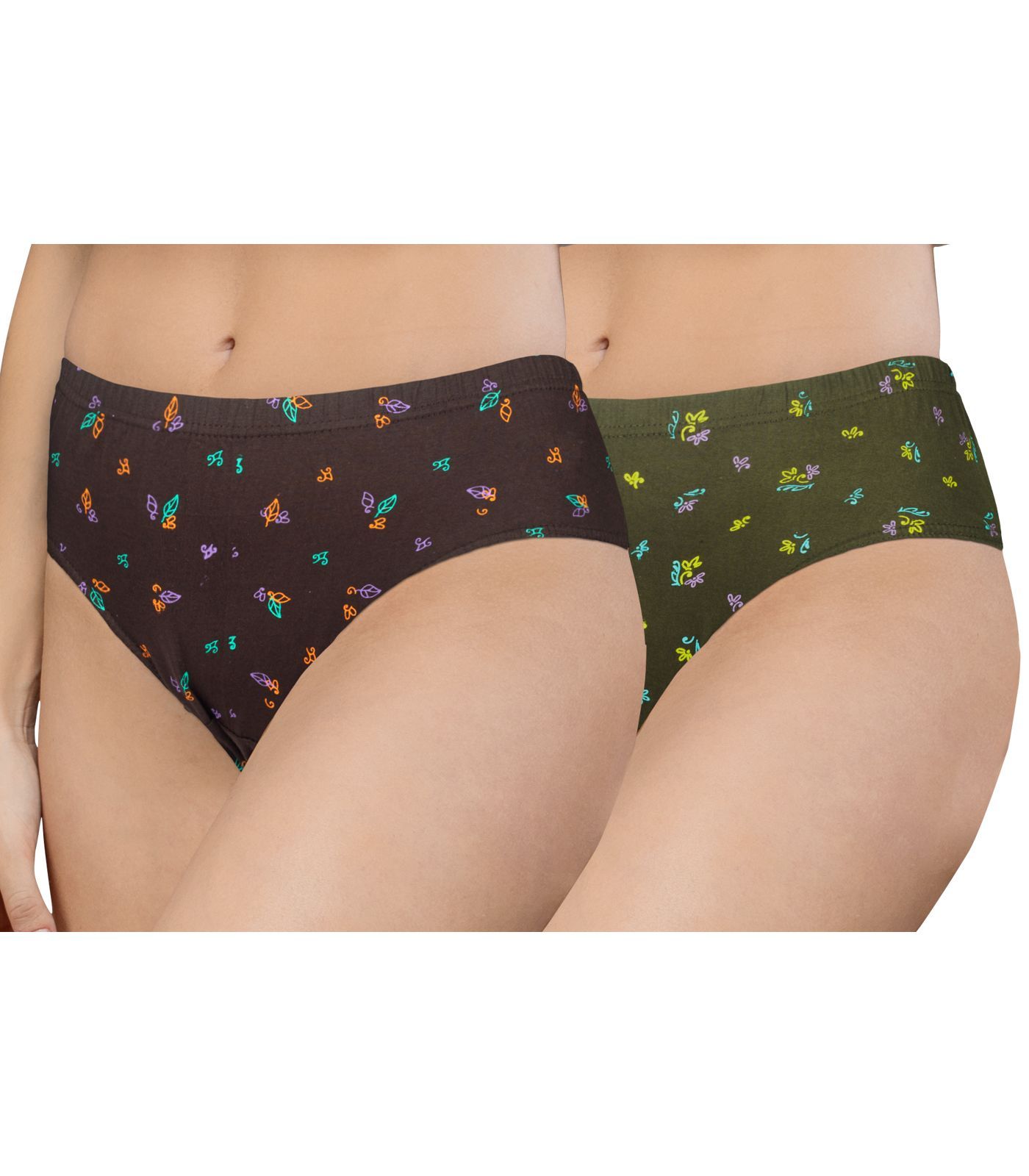NRG Womens Cotton Assorted Colour Panties ( Pack of 2 Coffee Brown - Military Green  ) L02 Hipster