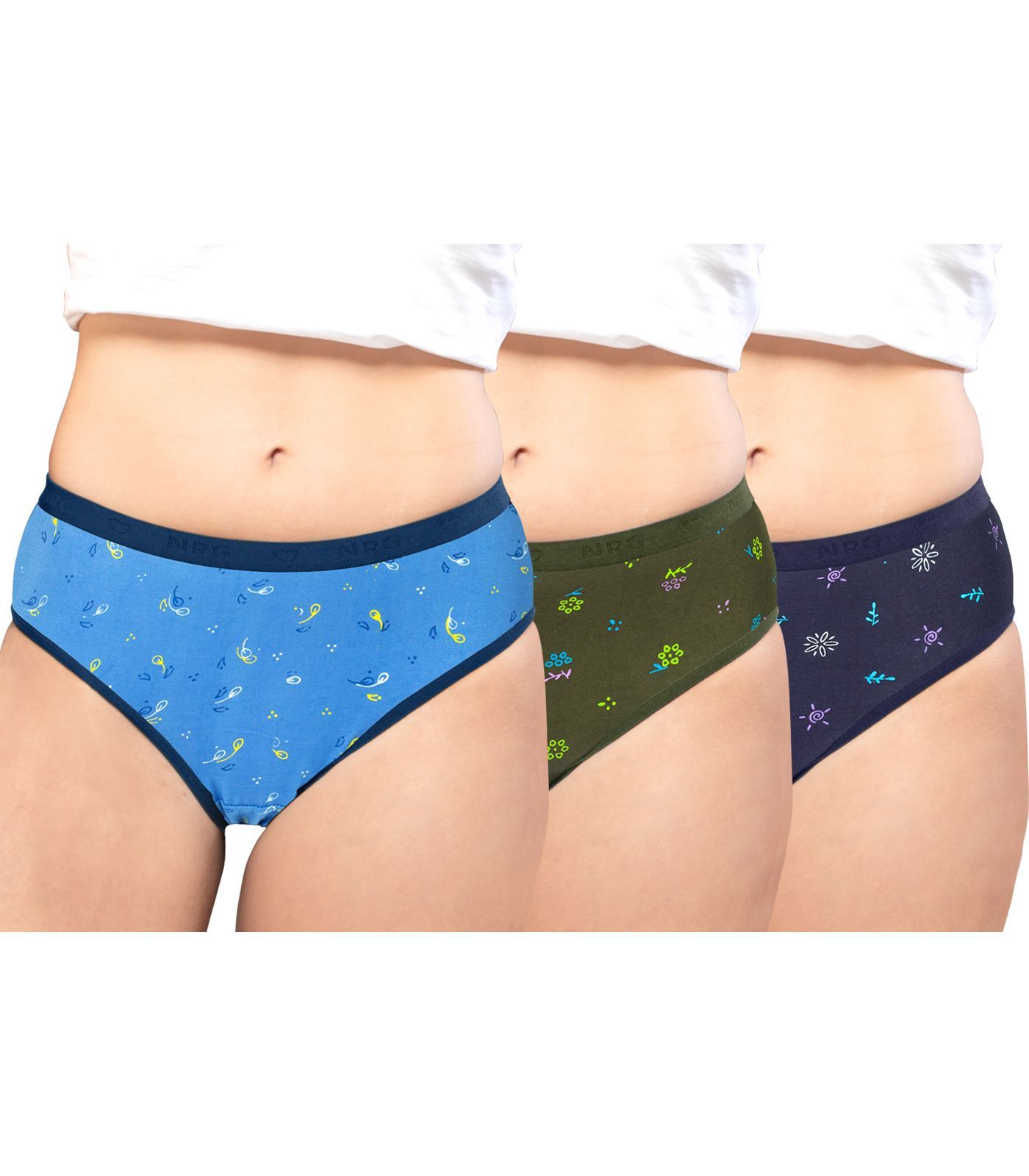 NRG Womens Cotton Assorted Colour Panties ( Pack of 3 Light Blue - Military Green - Navy Blue ) L05 Hipster