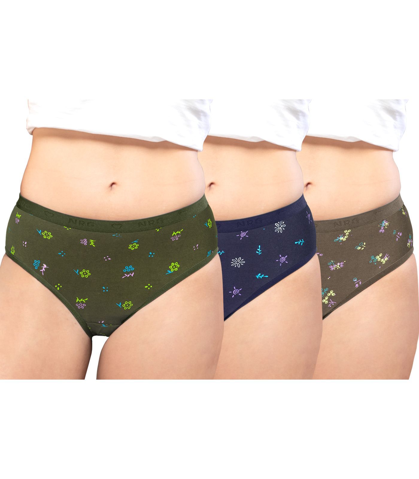 NRG Womens Cotton Assorted Colour Panties ( Pack of 3 Military Green - Navy Blue - Dark Green ) L05 Hipster