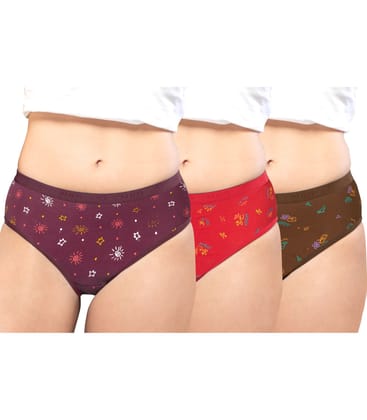 NRG Womens Cotton Assorted Colour Panties ( Pack of 3 Maroon - Red - Light Brown ) L05 Hipster
