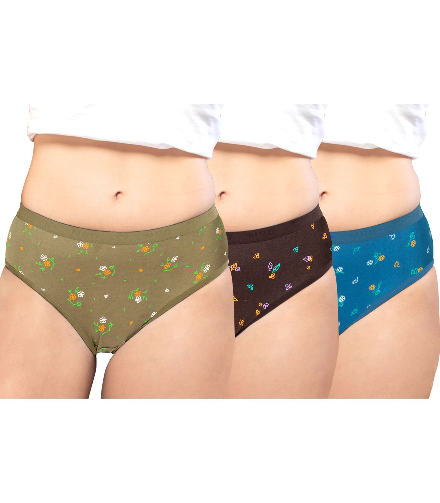 NRG Womens Cotton Assorted Colour Panties ( Pack of 3 Light Green - Coffee Brown - Turquoise ) L05 Hipster