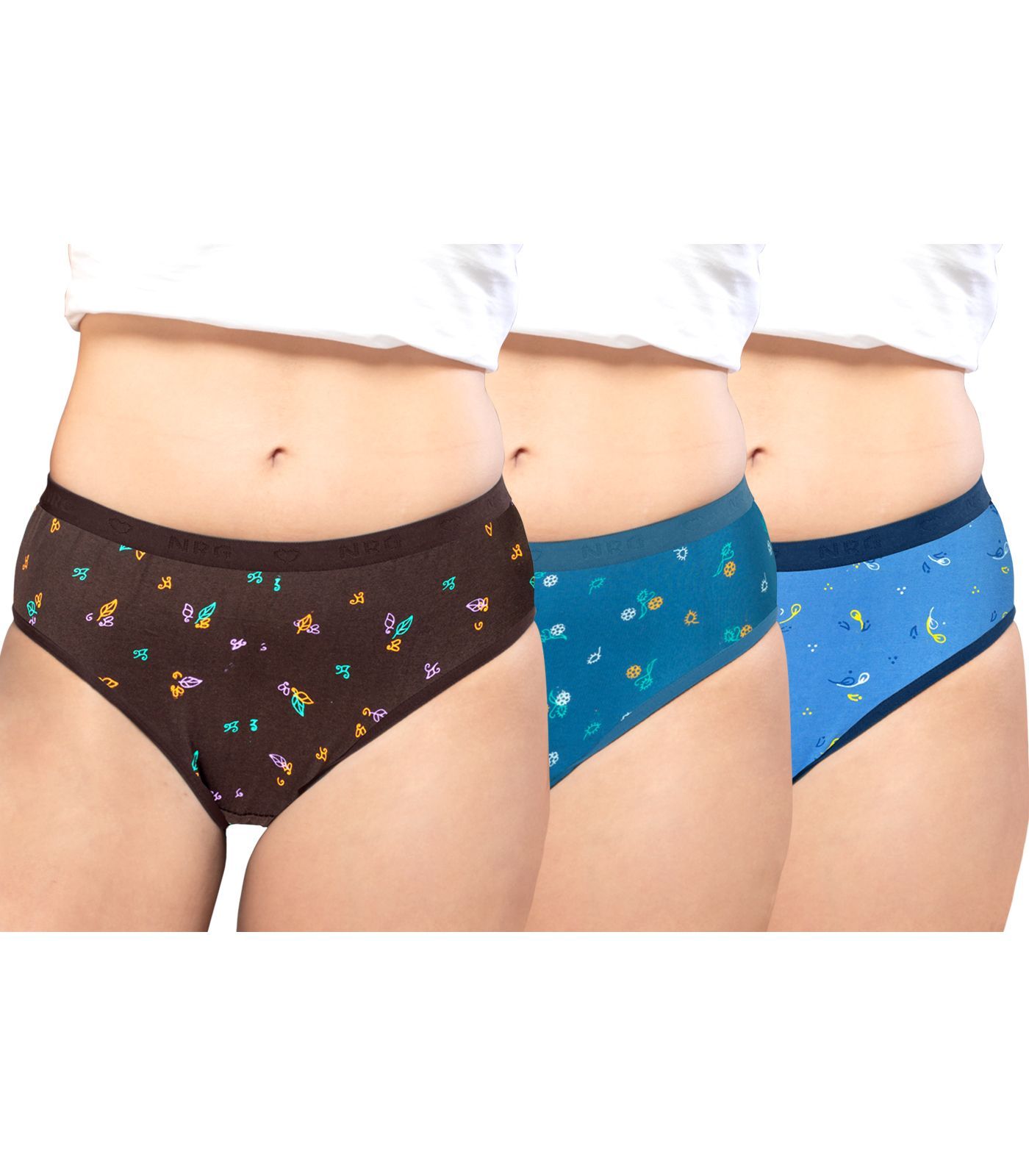 NRG Womens Cotton Assorted Colour Panties ( Pack of 3 Coffee Brown - Turquoise - Light Blue ) L05 Hipster