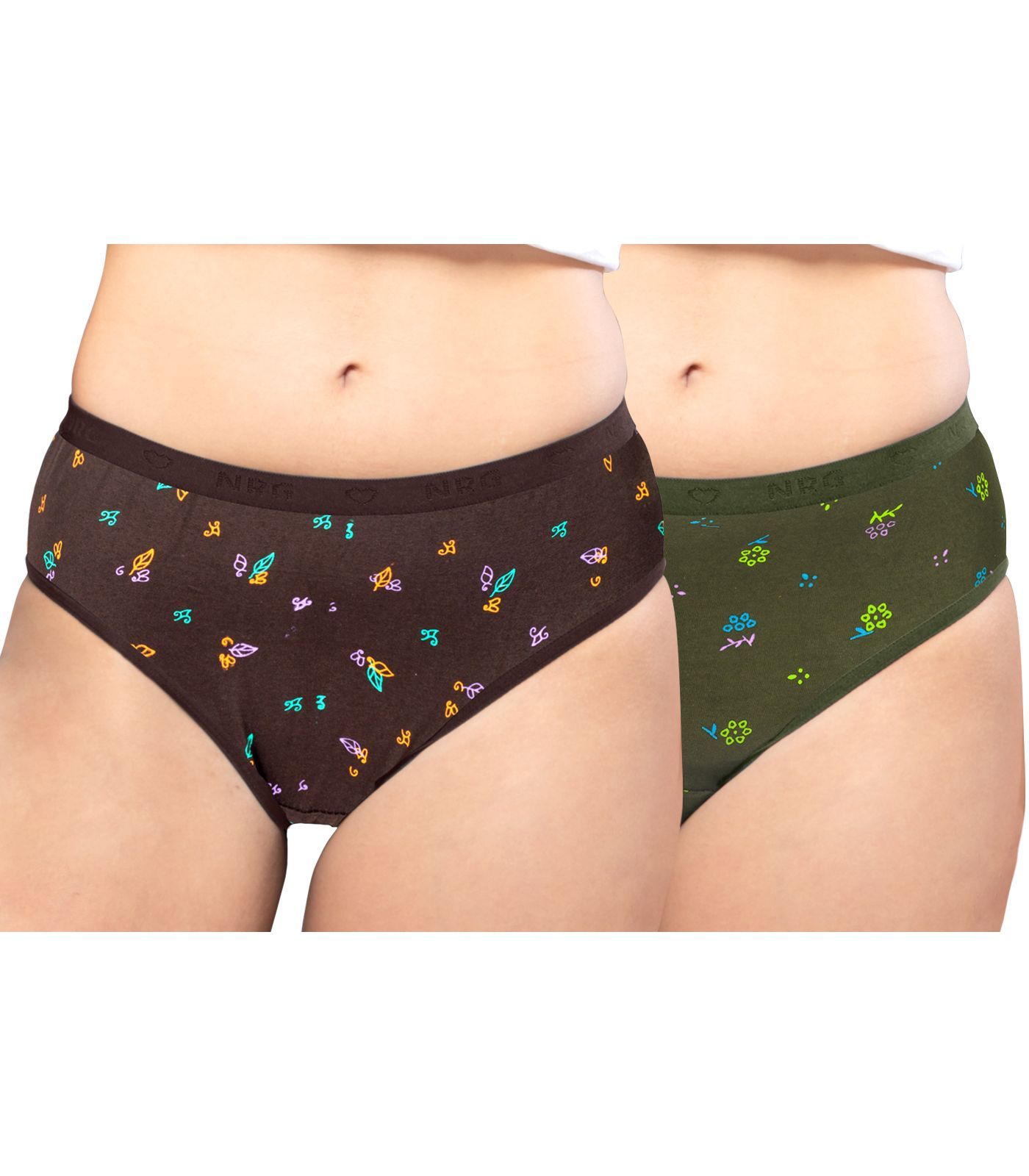 NRG Womens Cotton Assorted Colour Panties ( Pack of 2 Coffee Brown - Military Green ) L05 Hipster