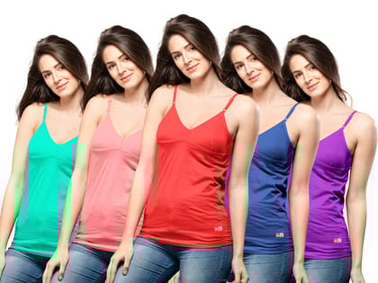 NRG Womens Cotton Assorted Colour  Bra Slips ( Pack of 5 Mint Green - Peach - Red - Dark Blue - Purple ) L14 Camisole