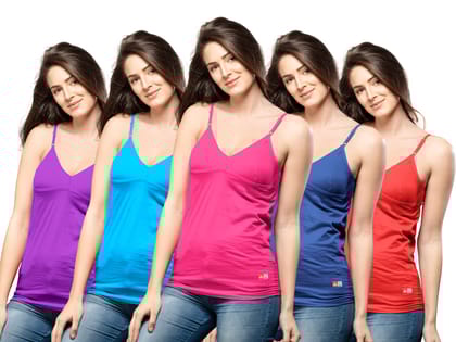 NRG Womens Cotton Assorted Colour  Bra Slips ( Pack of 5 Purple - Light Blue - Pink - Dark Blue - Red ) L14 Camisole