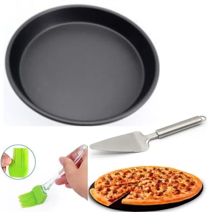 Marhaba traders Set of 1pc Round Non-Stick Cake/Pizza Pan Mould Tray, 1pc Pastry/Pizza Lifter and Small Oil Brush (Set of 3)