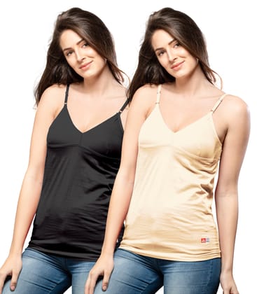 NRG Womens Cotton Assorted Colour Bra Slips ( Pack of 2 Black - Skin ) L14 Camisole