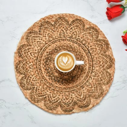 Jute Placemat Printed Flower Pattern, 14 Inches, Pack of 6