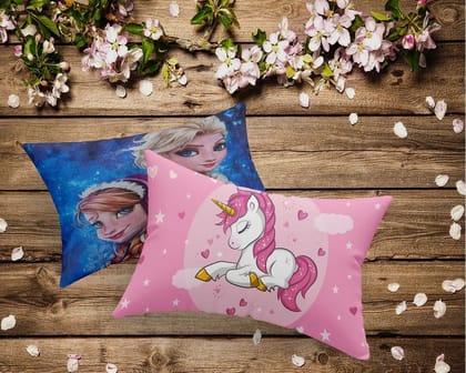 Pillow Cover Unicorn, Frozen Princess, Cartoon Digital Printed Soft Cushion Cover (18x12 Inches, Pink, Blue, Raisin, Set of 2)