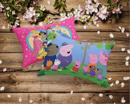 Pillow Cover Peppa, Princess Cartoon Digital Printed Soft Cushion Cover (18x12 Inches, Blue, Pink, Raisin, Set of 2)