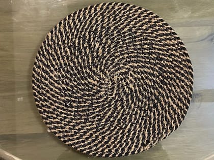 Jute Cotton Placemat, Round, Black Beige, Crisscross, 14 Inches, Pack of 6